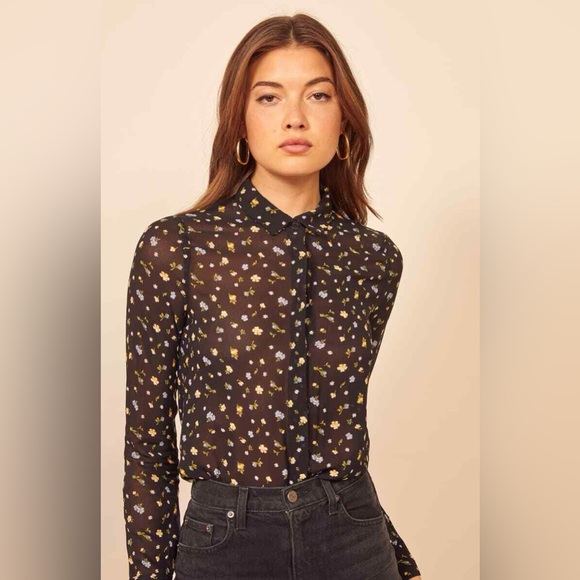 Reformation Tops - Reformation Blue Floral Print Button Down Long Sleeve Chiffon Shirt, Size XS